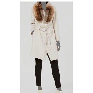 Alfani Womens L/XL Cream Faux Fur Collar Belted Wool Blend Coat professional